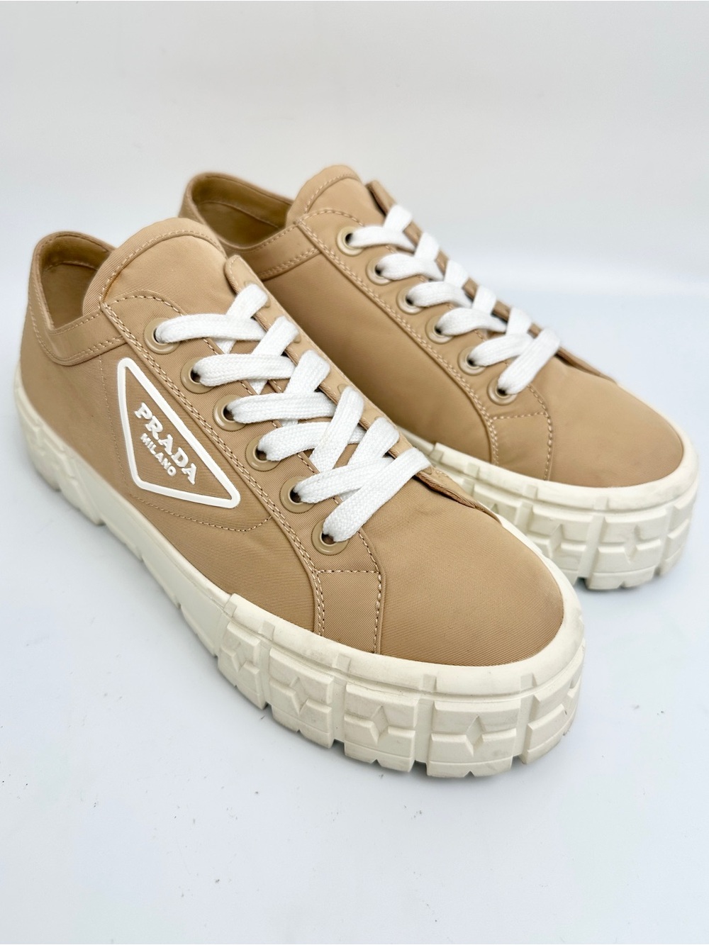 Prada Double Wheel Nylon Gabardine Sneakers Desert Beige Size EU 38